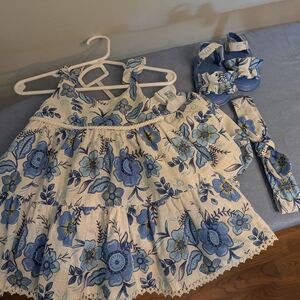 Floral Blue and White Baby Dress with Matching Sandals and Headband
